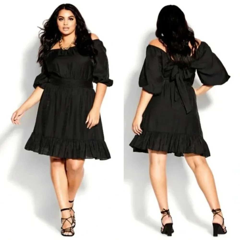 City Chic Mini Flirt Black Off Shoulder Ruffle Mini Dress XXS 12 Tie Back